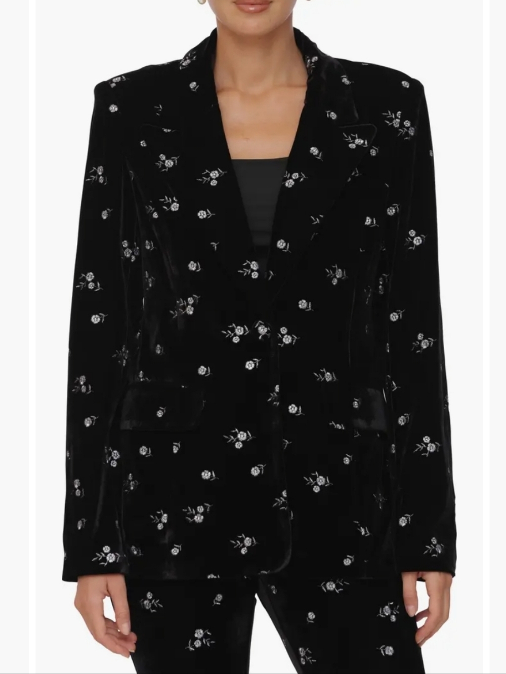 Avec Les Filles Floral Embroidered Black Velvet Tuxedo Blazer Size Medium